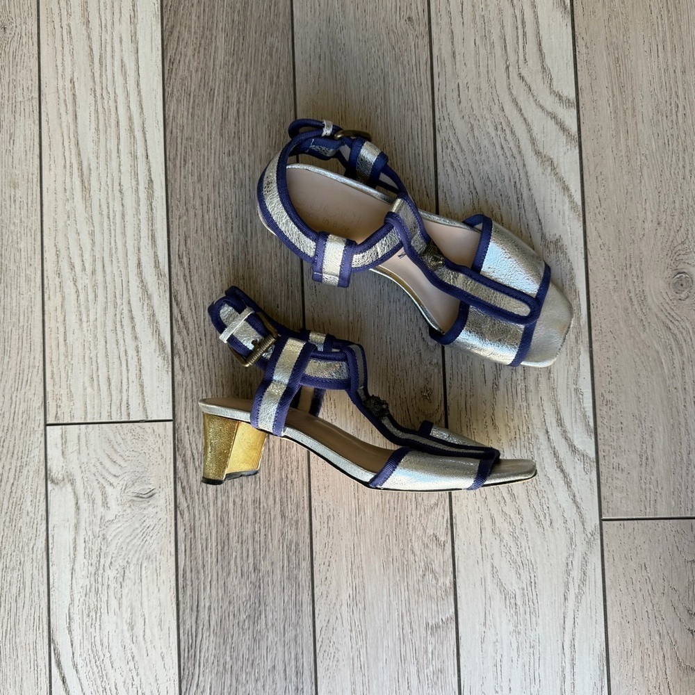 Gucci Silver Metallic and Blue leather Women's Sandals Heels